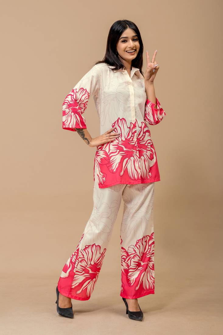 White & pink floral printed cotton co-ord set for women