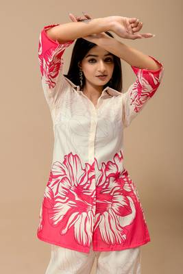 White & pink floral printed cotton co-ord set for women 7