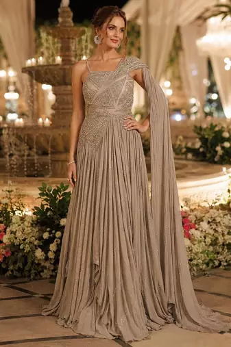 Chiku chinon silk free size stitched gown with embroidery work