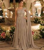 Chiku chinon silk free size stitched gown with embroidery work