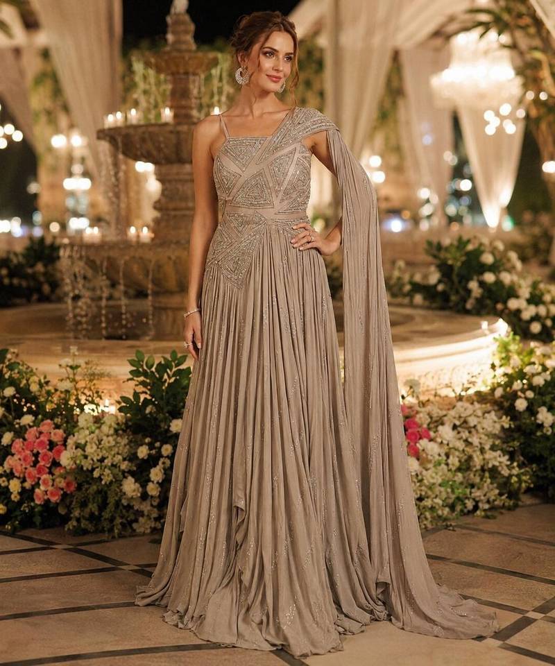 Chiku chinon silk free size stitched gown with embroidery work