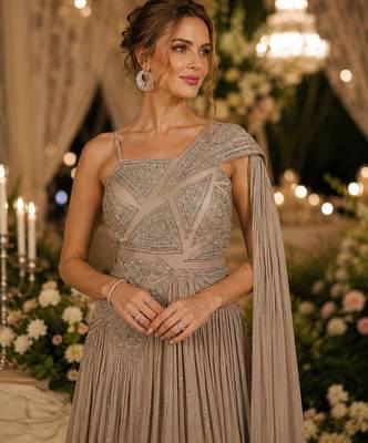Chiku chinon silk free size stitched gown with embroidery work 2