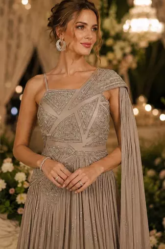 Chiku chinon silk free size stitched gown with embroidery work