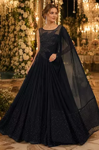Black chinon silk free size stitched gown with embroidery work