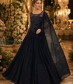 Black chinon silk free size stitched gown with embroidery work