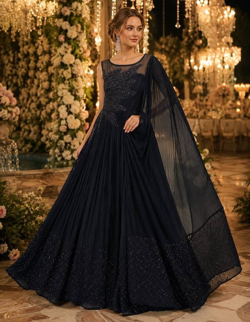 Black chinon silk free size stitched gown with embroidery work