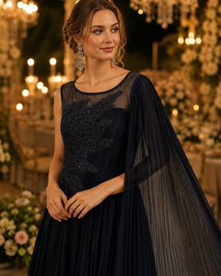 Black chinon silk free size stitched gown with embroidery work 2