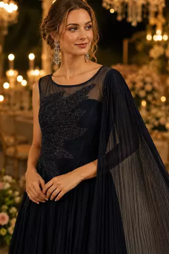 Black chinon silk free size stitched gown with embroidery work