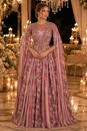 Pink chinon silk free size stitched gown with embroidery work