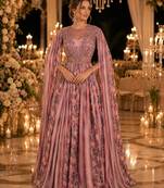 Pink chinon silk free size stitched gown with embroidery work