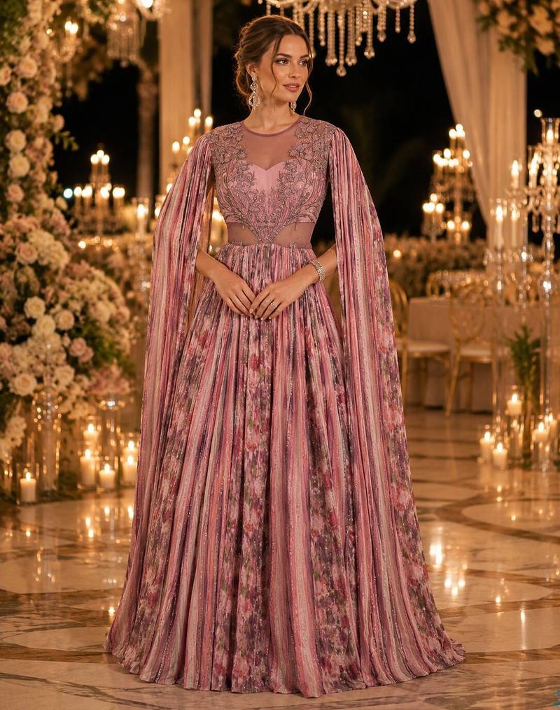 Pink chinon silk free size stitched gown with embroidery work