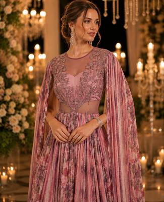 Pink chinon silk free size stitched gown with embroidery work 2