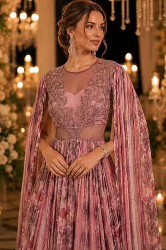 Pink chinon silk free size stitched gown with embroidery work