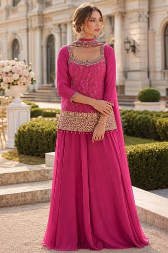 Pink chinon free size stitched suit with embroidery work