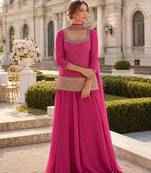 Pink chinon free size stitched suit with embroidery work