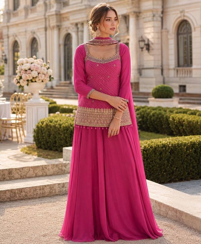 Pink chinon free size stitched suit with embroidery work