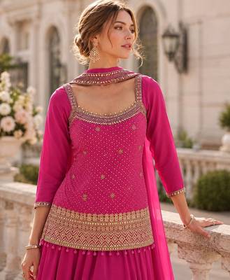 Pink chinon free size stitched suit with embroidery work 2