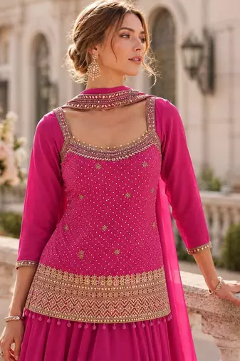 Pink chinon free size stitched suit with embroidery work