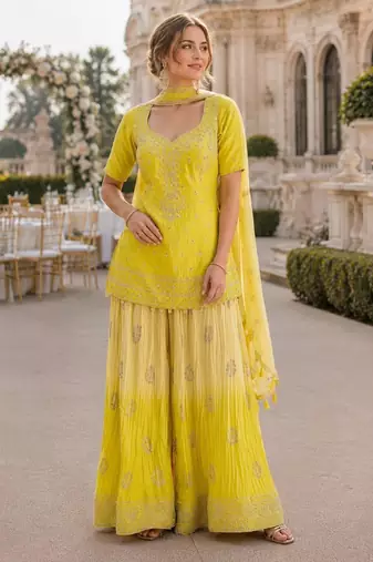 Yellow chinon free size stitched suit with embroidery work
