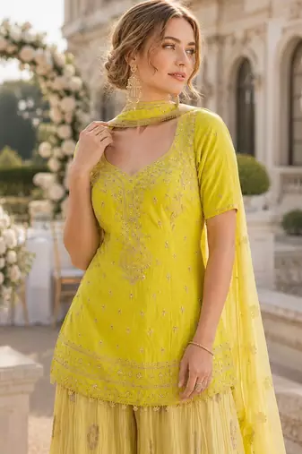 Yellow chinon free size stitched suit with embroidery work