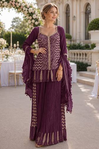 Purple chinon free size stitched suit with embroidery work