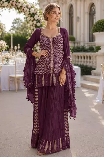 Purple chinon free size stitched suit with embroidery work