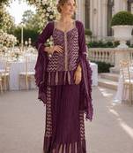 Purple chinon free size stitched suit with embroidery work