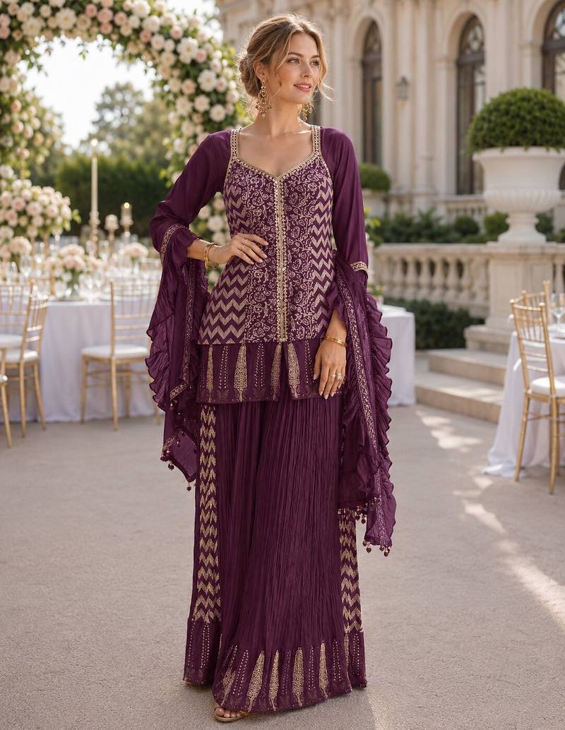 Purple chinon free size stitched suit with embroidery work