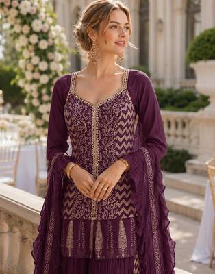 Purple chinon free size stitched suit with embroidery work 2