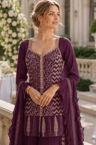 Purple chinon free size stitched suit with embroidery work