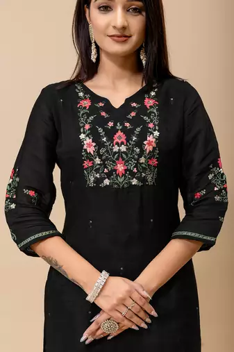 Black floral embroidered mul cotton kurta pant set for women