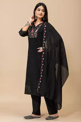 Black floral embroidered mul cotton kurta pant set for women