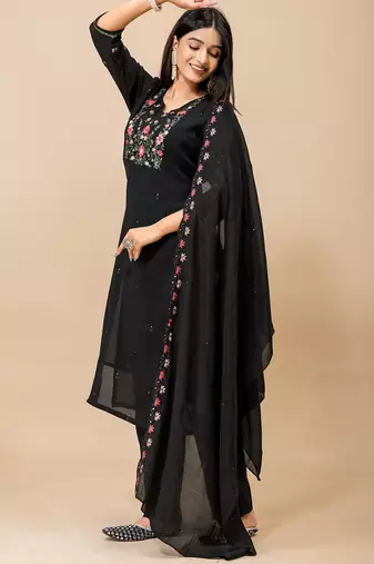 Black floral embroidered mul cotton kurta pant set for women