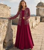 Maroon silk free size stitched suit with embroidery work
