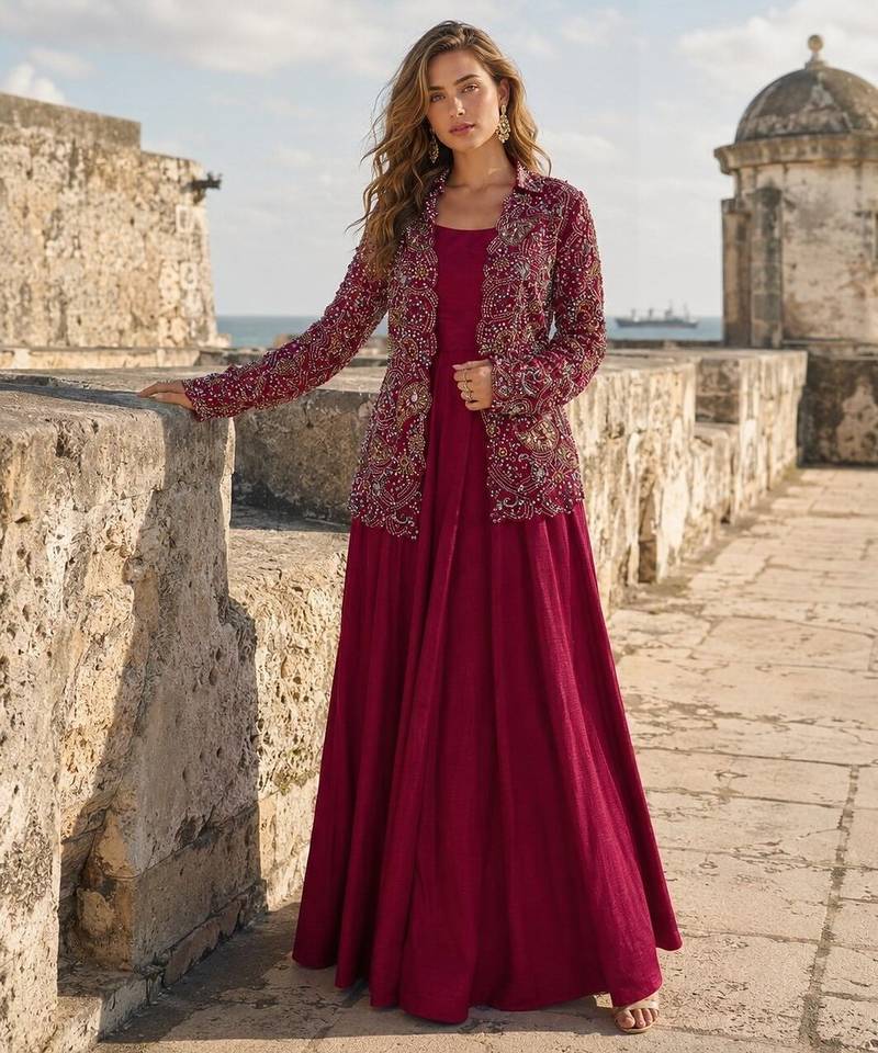 Maroon silk free size stitched suit with embroidery work