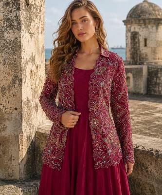 Maroon silk free size stitched suit with embroidery work 2