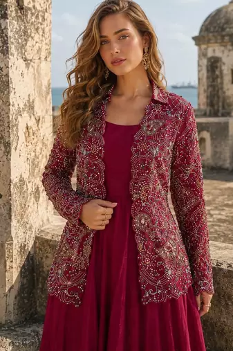 Maroon silk free size stitched suit with embroidery work