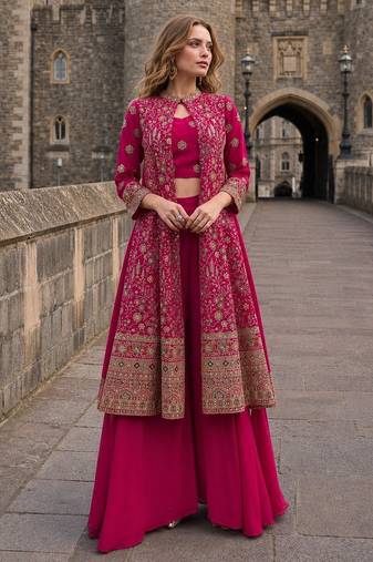 Magenta georgette free size stitched suit with embroidery & beats work