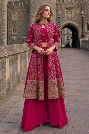 Magenta georgette free size stitched suit with embroidery & beats work