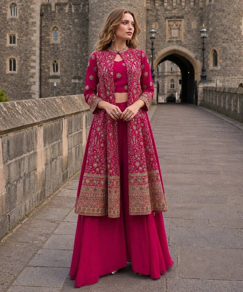 Magenta georgette free size stitched suit with embroidery & beats work