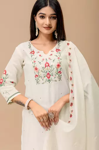 White floral embroidered mul cotton kurta pant set for women