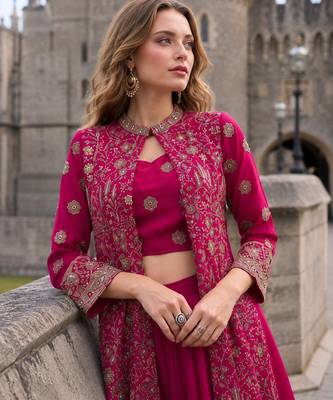 Magenta georgette free size stitched suit with embroidery & beats work 2