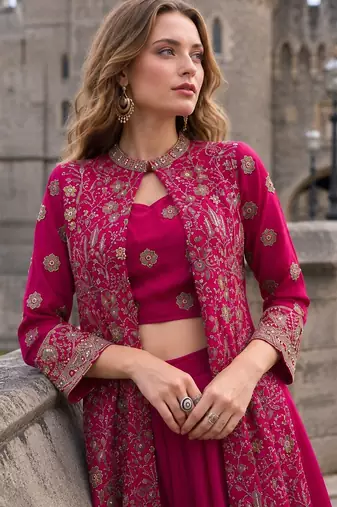 Magenta georgette free size stitched suit with embroidery & beats work
