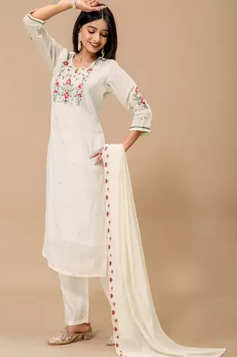 White floral embroidered mul cotton kurta pant set for women