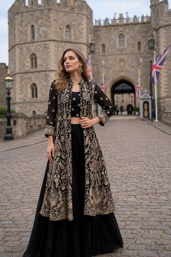Black georgette free size stitched suit with embroidery & beats work
