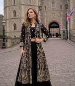 Black georgette free size stitched suit with embroidery & beats work