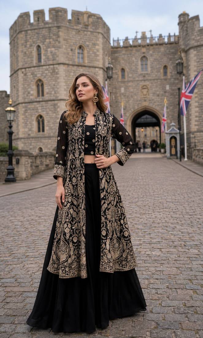 Black georgette free size stitched suit with embroidery & beats work
