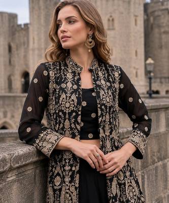 Black georgette free size stitched suit with embroidery & beats work 2