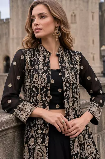 Black georgette free size stitched suit with embroidery & beats work