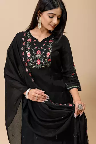 Black floral embroidered mul cotton kurta pant set for women